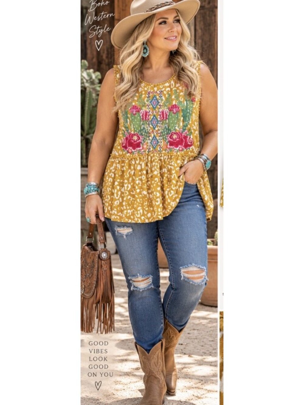 Savanna Jane Mustard Yellow Floral Embroidered Sleeveless Top 2X Southwest Boho